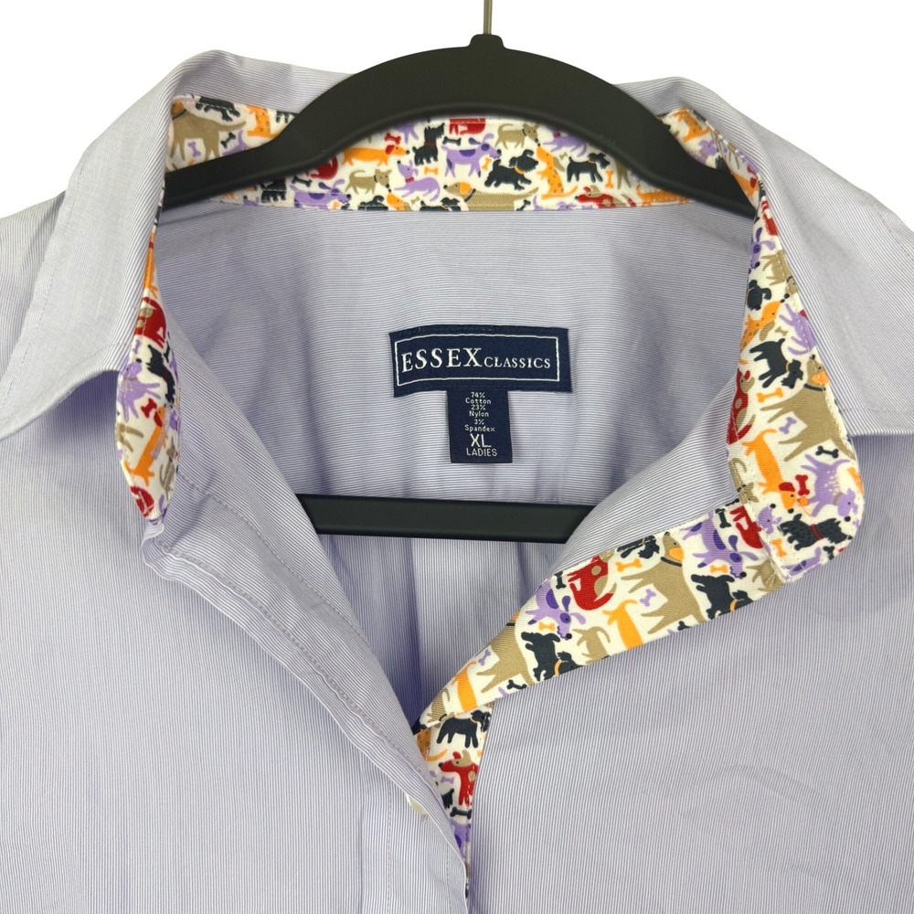 Essex Classics Womens XL Lavender Pinstripe Dog Print Trim Button Down Shirt
